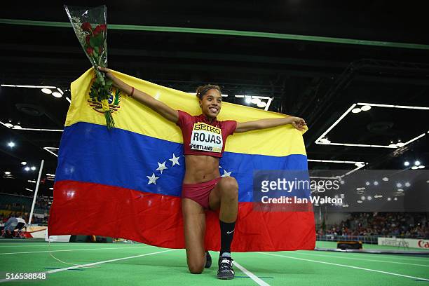 Yulimar Rojas of Venezuela celebrates winning gold in the Women's Triple Jump Final during day three of the IAAF World Indoor Championships at Oregon...