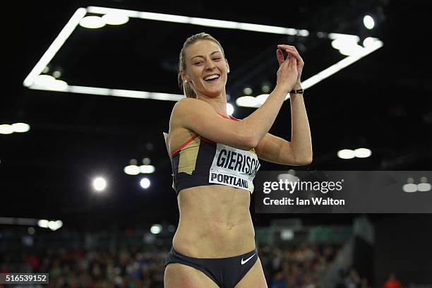 Kristin Gierisch of Germany celebrates winning silver in the Women's Triple Jump Final during day three of the IAAF World Indoor Championships at...