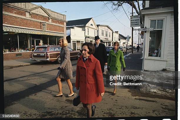 Five young women who were at the party on Chappaquiddick Island with Senator Edward M. Kennedy and Mary Jo Kopechne July 18th are shown walking with...