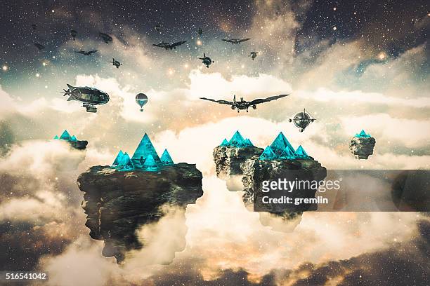steampunk fantasy floating islands and spacecrafts - civilization stockfoto's en -beelden