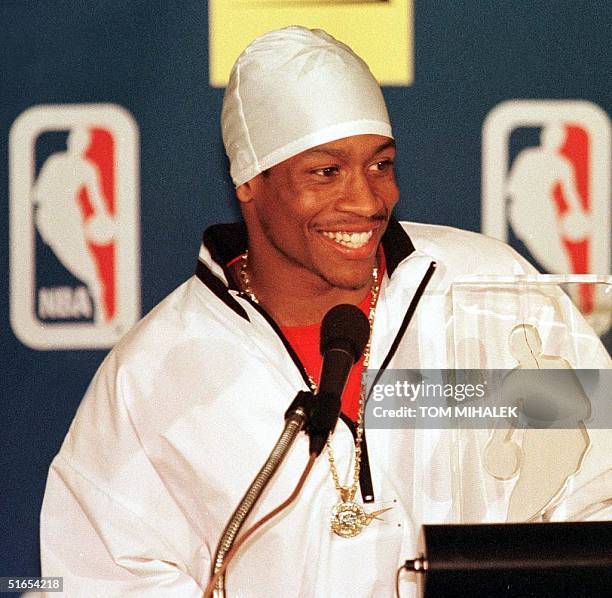 Philadelphia 76ers guard Allen Iverson answers a reporter's question during a press conference after he was named the National Basketball...