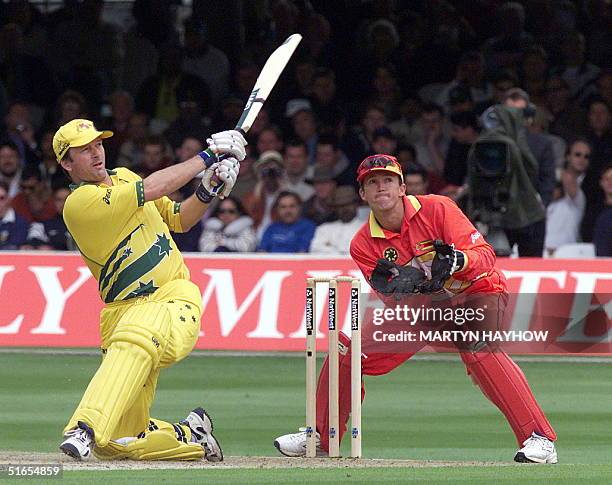 Australia`s captain Steve Waugh hits a six during his innings of 62 in the match between Zimbabwe v Australia in the Cricket World Cup match at Lords...