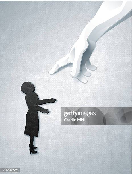 simple card business woman chosen by a giant pointing hand - mhj stock illustrations