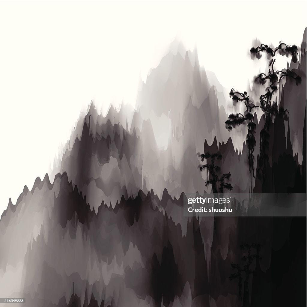 Abstracto blanco y negro la pintura de las montañas de fondo de material