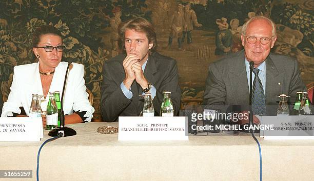 Italian pretender to the thrown, Prince Vittorio Emanuele di Savoia , gives a press conference with his wife Princess Marina di Savoia and their son...