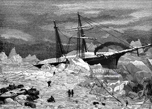 ice-bound ship in the arctic - antarctica stock illustrations