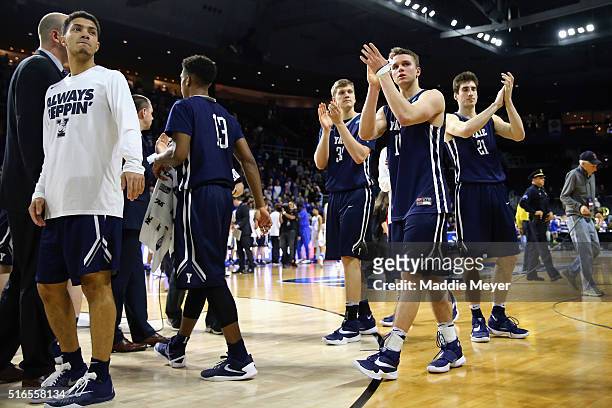 Makai Mason of the Yale Bulldogs reacts after being defeated by the Duke Blue Devils 71-64 during the second round of the 2016 NCAA Men's Basketball...
