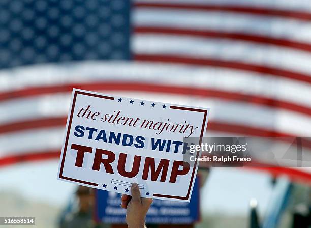 Supporters of Republican presidential candidate Donald Trump hold signs and chant his name during a campaign rally at Fountain Park during a campaign...