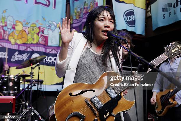 Thao Nguyen of Thao & The Get Down Stay Down performs for Flood Fest showcase at Cedar St. Courtyard during 2016 SXSW Music, Film + Interactive...