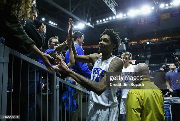 Brandon Ingram of the Duke Blue Devils greets fans after defeating the Yale Bulldogs 71-64 during the second round of the 2016 NCAA Men's Basketball...
