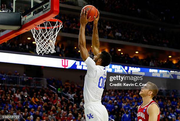 Marcus Lee of the Kentucky Wildcats dunks as Max Bielfeldt of the Indiana Hoosiers defends in the first half during the second round of the 2016 NCAA...