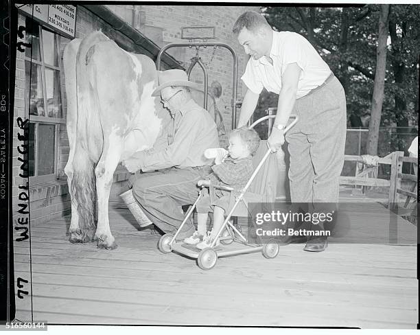 Photo shows James Shaw, Susan, 22 months. The other man is farmer Nelson Miller. Baby drinks bottle and hands it to the farmer as he milks.