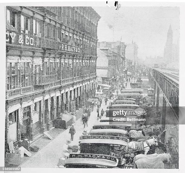 New York City: "The Famous Macy's---Loading delivery wagons, Sixth Avenue side. Undated.