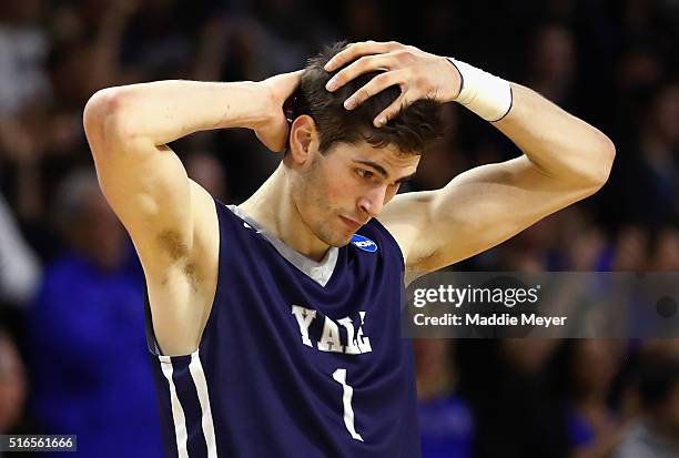 Anthony Dallier of the Yale Bulldogs reacts during the second half against the Duke Blue Devils during the second round of the 2016 NCAA Men's...