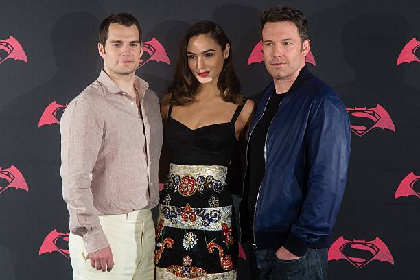 British actor Henry Cavill , American actor Ben Affleck and Israeli actress Gal Gadot pose for pictures during the Batman v Superman Movie photocall...