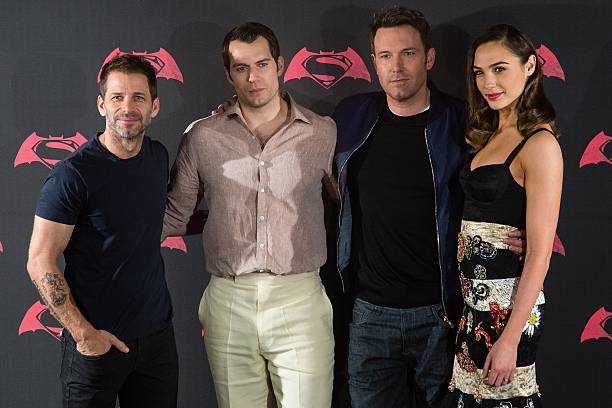 American director Zach Snyder, British actor Henry Cavill, American actor Ben Affleck and Israeli actress Gal Gadot pose for pictures during the...
