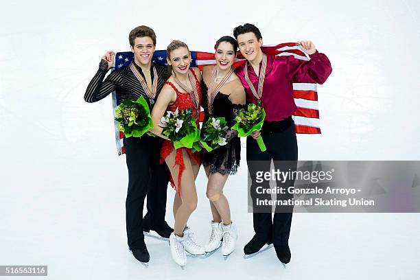 Silver medalists Rachel Parsons and Michael Parsons of USA pose for a picture with gold medalists Lorraine Mcnamara and Quinn Carpenter of USA during...