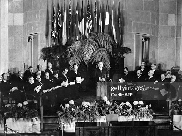 General view taken 04 April 1949 in Washington of the official signing ceremony creating the North Atlantic Treaty Organization .