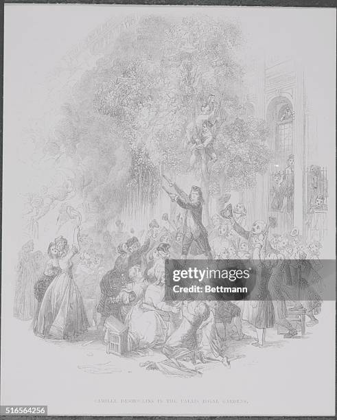 Camille Desmoulins, excited by dismissal of Finance Minister Necker harangues crowds outside the Royal Palace and thus begins the French Revolution....