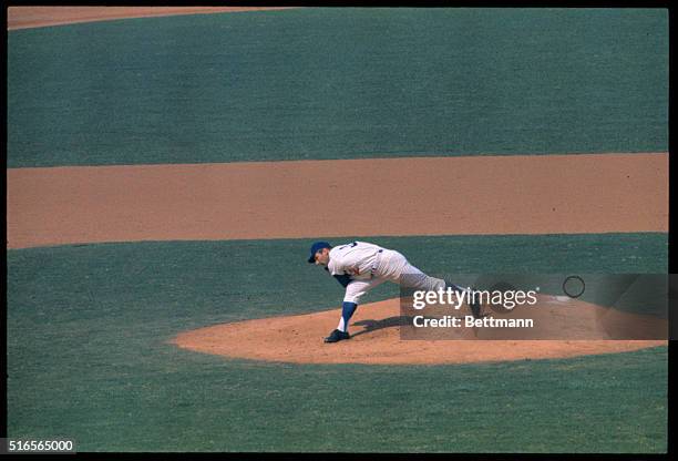 Dodger pitcher, Sandy Koufax, in action against the Minnesota Twins during the fifth game of the World Series. Koufax hurled the Dodgers to a 7-0...