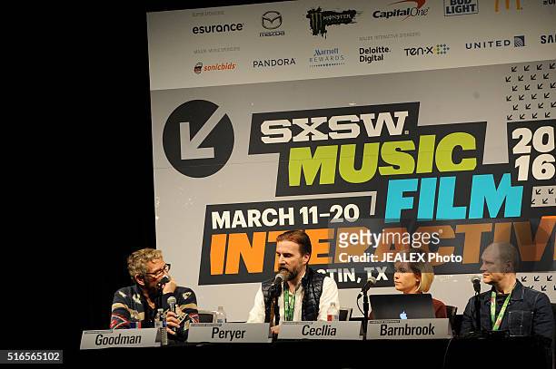 Marc Goodman, Lawrence Peryer, Carolynn Cecilia and Jonathan Barnbrook speak onstage at 'David Bowie Visual Collaborators' during the 2016 SXSW...