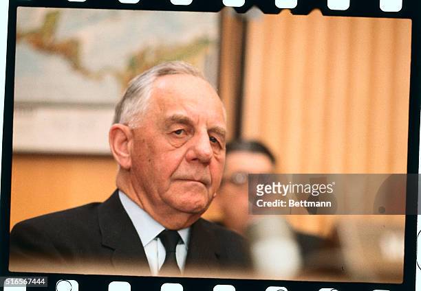 Washington, D.C.: Kansas senator Frank Carlson listens to testimony being given before the Senate Foreign Relations Committee, February 8th. The...