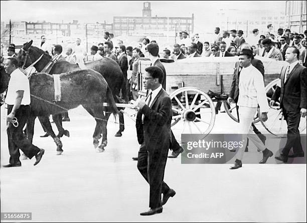 Two mules pull a cart carrying the coffin of the US clergyman, leader of the Movement against Racial Segregation and Nobel Peace Prize winner Martin...