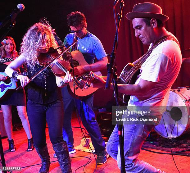 Producer Eddie, Bobby Bones and Natalie Stovall of Natalie Stovall and The Drive perform at Bobby Bones And The Raging Idiots SOLD OUT Album Release...