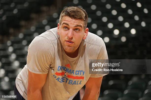 Mitch McGary of the Oklahoma City Thunder warms up before the game against the Indiana Pacers on March 19, 2016 at Bankers Life Fieldhouse in...