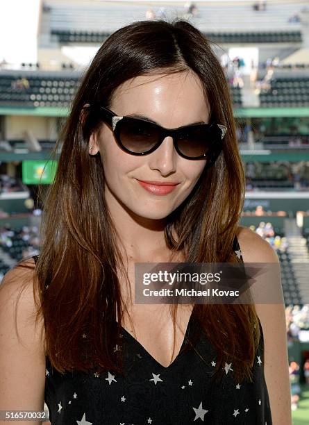 Actress Camilla Belle visits the Moet and Chandon Suite at the 2016 BNP Paribas Open on March 19, 2016 in Indian Wells, California.