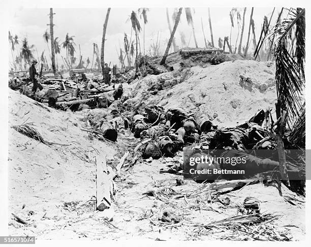 Tarawa- Picture shows dead bodies lying on the ground after the seige on the Tarawa Airport during World War II. Undated photo circa 1940s.