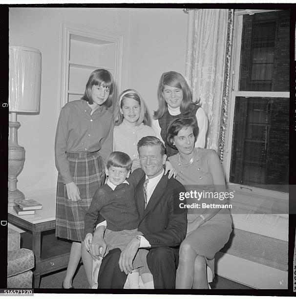 Victory smiles and hugs are in order in the Lindsay household as John Lindsay, victorious in his campaign for New York City mayor, poses with his...