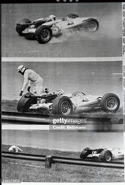 Foyt driving a rear-engine Ford spins coming out of the 2nd turn ; jumps from his racer and rolls in the grass to put a fire out when his clothes...