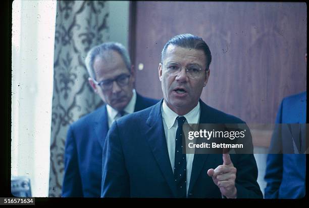 Closeup of Defense Secretary Robert S. McNamara testifying before Congressional Atomic Energy Committee. He said that Communist China's aggressive...