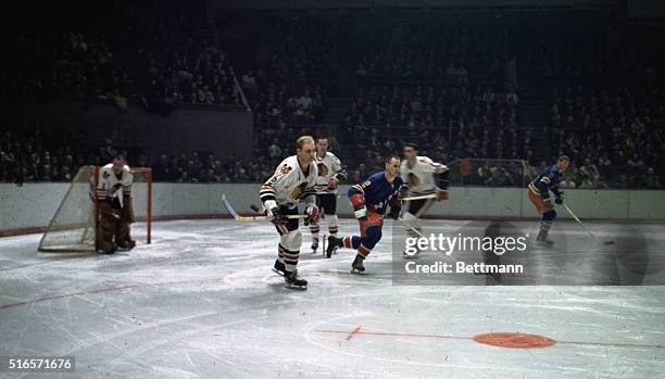 Chicago Black Hawks Bobby Hull in action against the New York Rangers at Madison Square Garden, March 9. Hull was trying for a record 51st goal in...