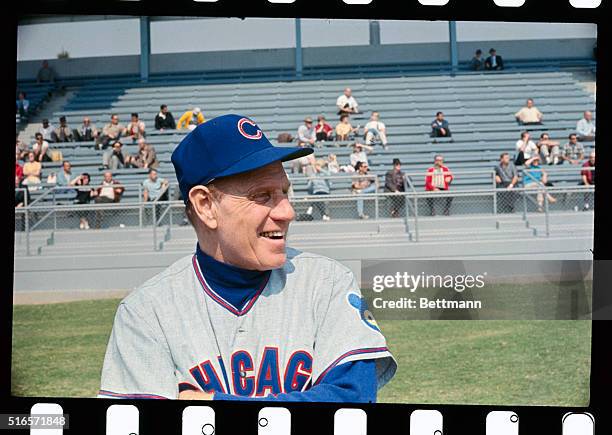 Leo Durocher, manager of the Chicago Cubs, is interviewed by sportscaster from Chicago, Illinois television station during workout at the Cubs spring...