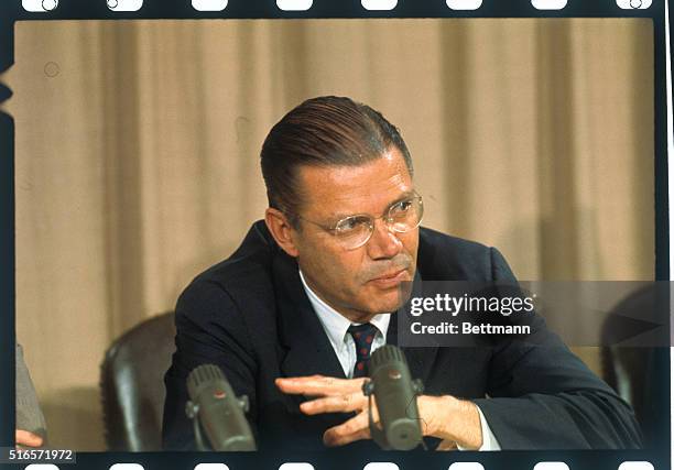 Closeup of defense secretary Robert S. McNamara at a Mid-Day News Conference he called April 25th to answer claims of a house armed services...