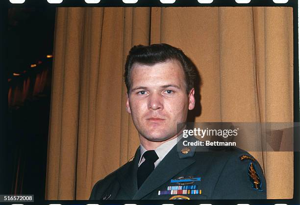 Close up of S/SGT. Barry Sadler, who will sing his hit recording, The Ballad of the Green Berets at March 15th Grammy Awards dinner.