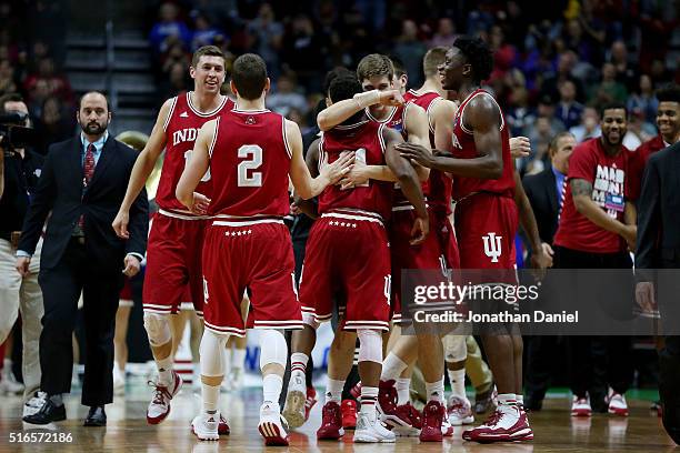 The Indiana Hoosiers celebrate defeating Kentucky Wildcats 73 to 67 during the second round of the 2016 NCAA Men's Basketball Tournament at Wells...