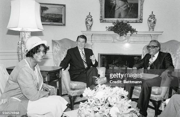 President Ronald Reagan meets with NAACP Chairperson Margaret Bush Wilson & NAACP Executive Director Benjamin Hooks, and in the Oval Office.