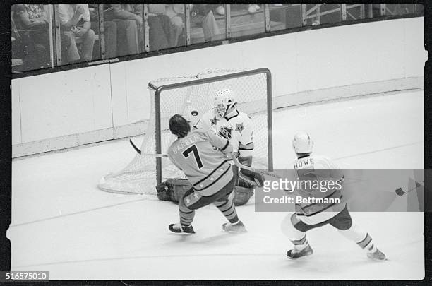 Bill Barber of the Clarence Campbell Conference, scores a goal early in the 33rd NHL All Star Game at the Forum here 2/10. Prince of Wales goalie Don...