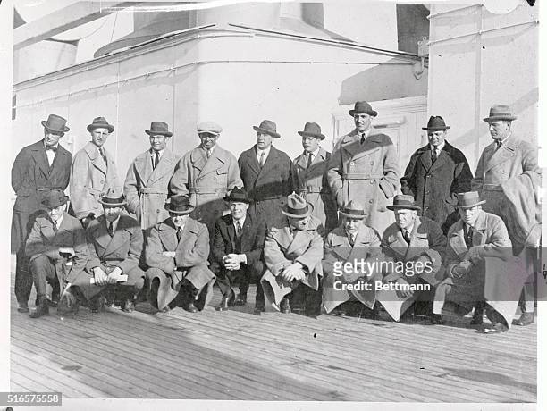 Left to right from the back row are Baseball Leaguers traveling from the Orient. They are George Moriaity, Herb Pennock, Riggs Stevenson, Fred...