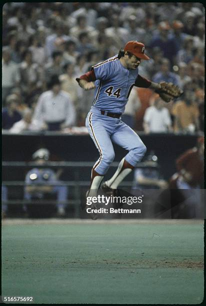 Houston: Phils pitcher Dick Ruthven leaps off the mound after the third out to win the National League pennant.