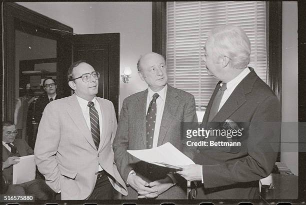 New York City Mayor Ed Koch meets with New York Senators Alfonse D'Amato, , , and Daniel Moynihan, , , at the Capitol here. Koch was in Washington to...