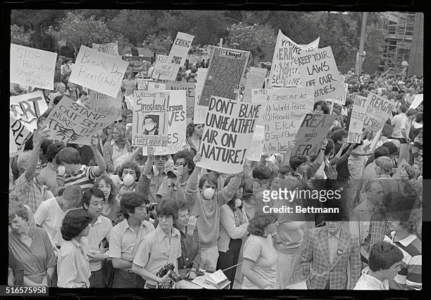 Claremont, California: Students at Claremont College heckle and hold up signs protesting Republican Presidential Candidate Ronald Reagan's stand on...