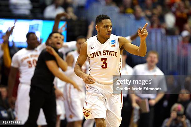 Hallice Cooke of the Iowa State Cyclones celebrates after hitting a three pointer in the second half against the Arkansas Little Rock Trojans during...