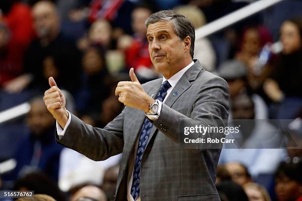 Head coach Randy Wittman of the Washington Wizards motions from the bench in the first half against the Washington Wizards at Verizon Center on March...
