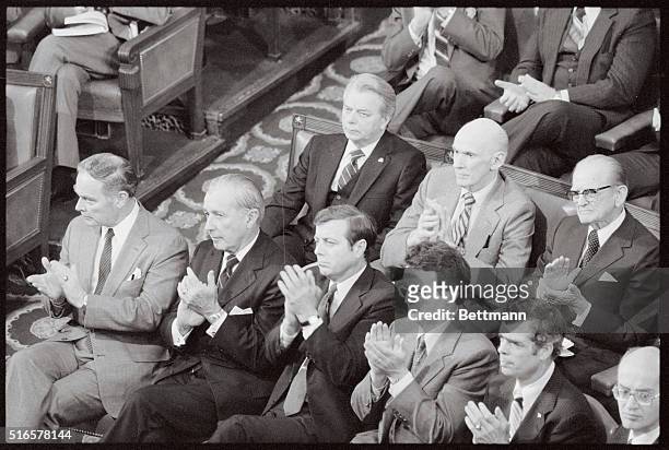 Front row, left to right: Secretary of State Alexander Haig, Treasury Secretary Donald Regan, Transportation Secretary Drew Lewis, Labor Secretary...