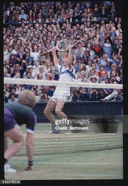 John McEnroe slams return 7/12 on way to winning his quarterfinal David Cup match against Czechoslovakia's Tomas Smid, 6-3, 6-1, 6-4.