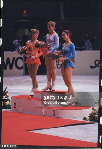 Left to right, Elaine Zayak , Denise Biellmann , and C. Krostofics-Binder , the female winners of the World Figure Skating Championships of 1981,...